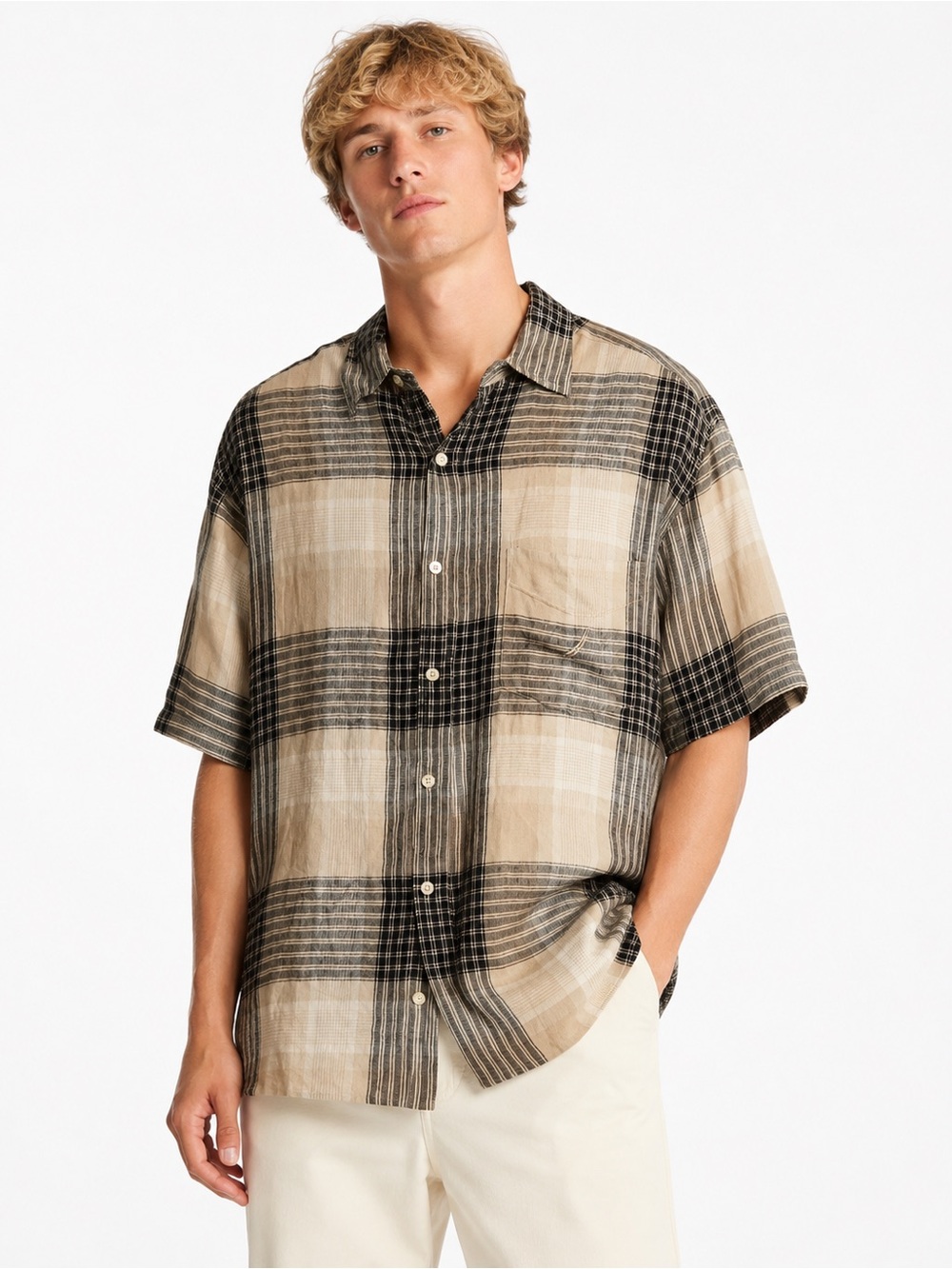 Nautica 100% Linen Men's Short-Sleeve Plaid Button-Up Shirt - Beige/Black